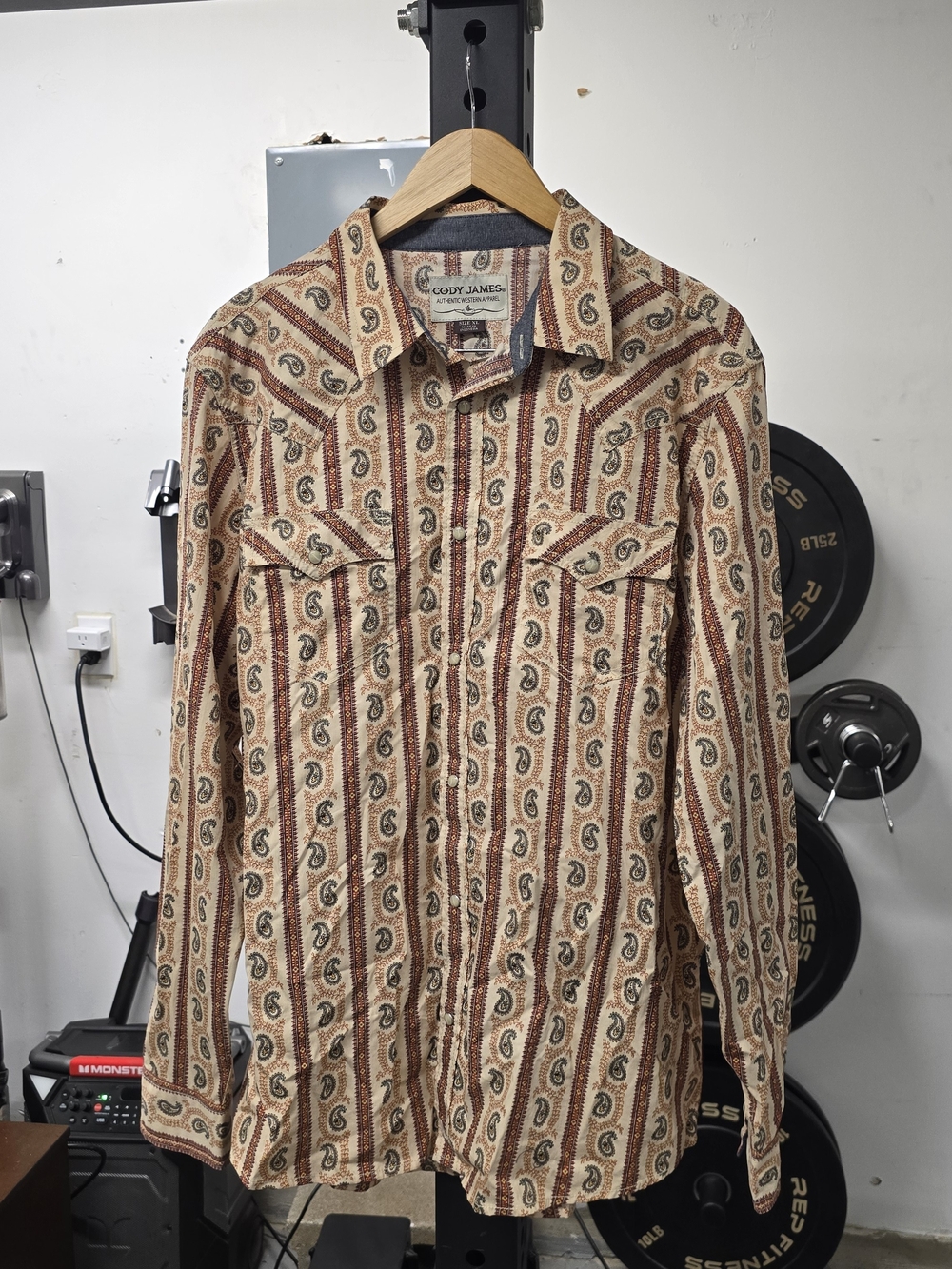 Cody James Beige Paisley-Stripe Western Button-Down Shirt